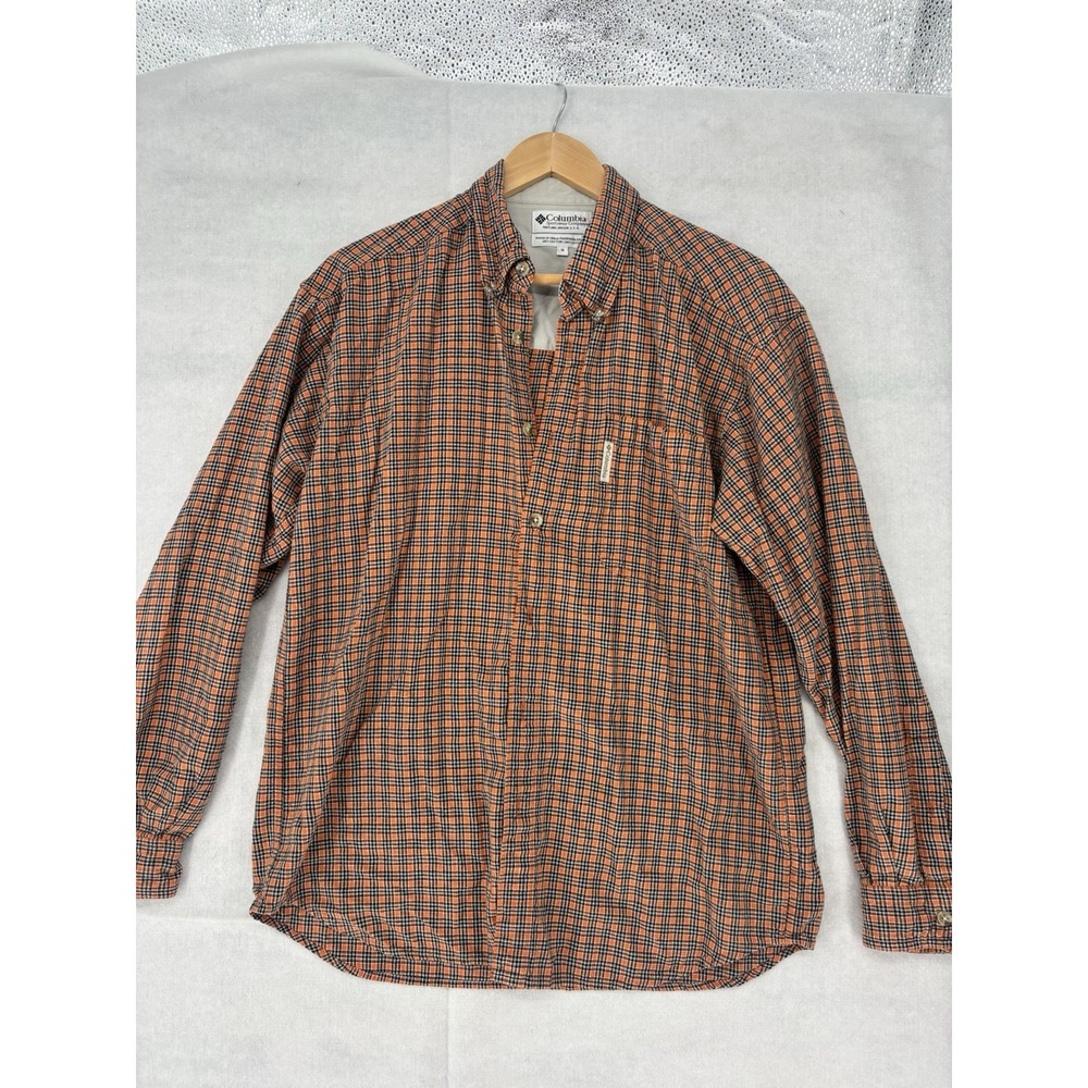 Columbia Orange Plaid Flannel Shirt Mens Size M Button Up Outdoor Rugged